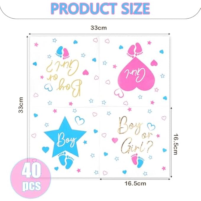 GENDER REVEAL NAPKINS, PACK OF 40 NAPKINS BOY OR GIRL, GENDER ANNOUNCEMENT NAPKIN, 3-PLY PAPER NAPKINS FOR GENDER REVEAL PARTY, BIRTH BABY SHOWER, 33 X 33 CM - Image 3